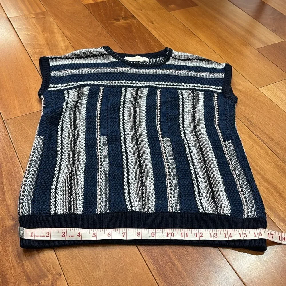 Tory Burch Knit Linen Blend Navy Blue‎ Striped Crochet geometric Top Size XS